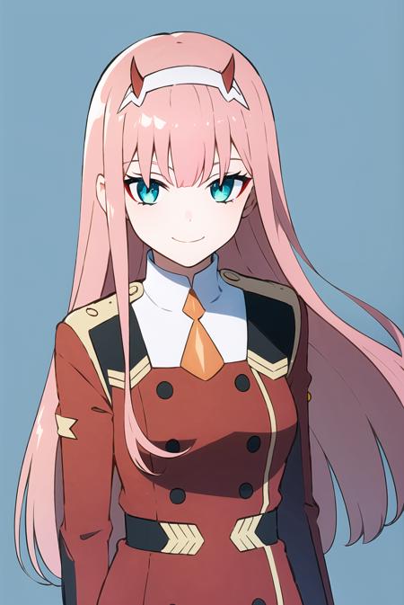 3978516509-3691563209-zero two _(darling in the franxx_), darling in the franxx, 1girl, ascot, bangs, blue background, green eyes, hairband, horns, lo.png